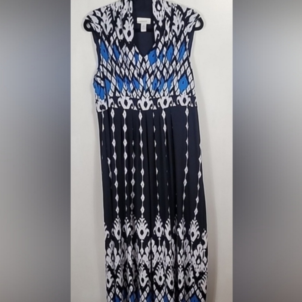 Chicos Sleeveless Maxi Dress Size 2 Large Geometric Stretch V Neck Blue Black